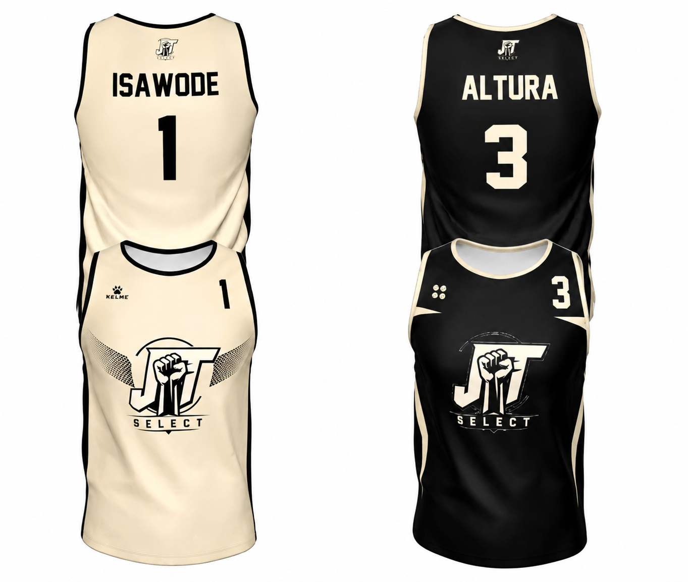 JT Select cream and black basketball jerseys with player names and numbers