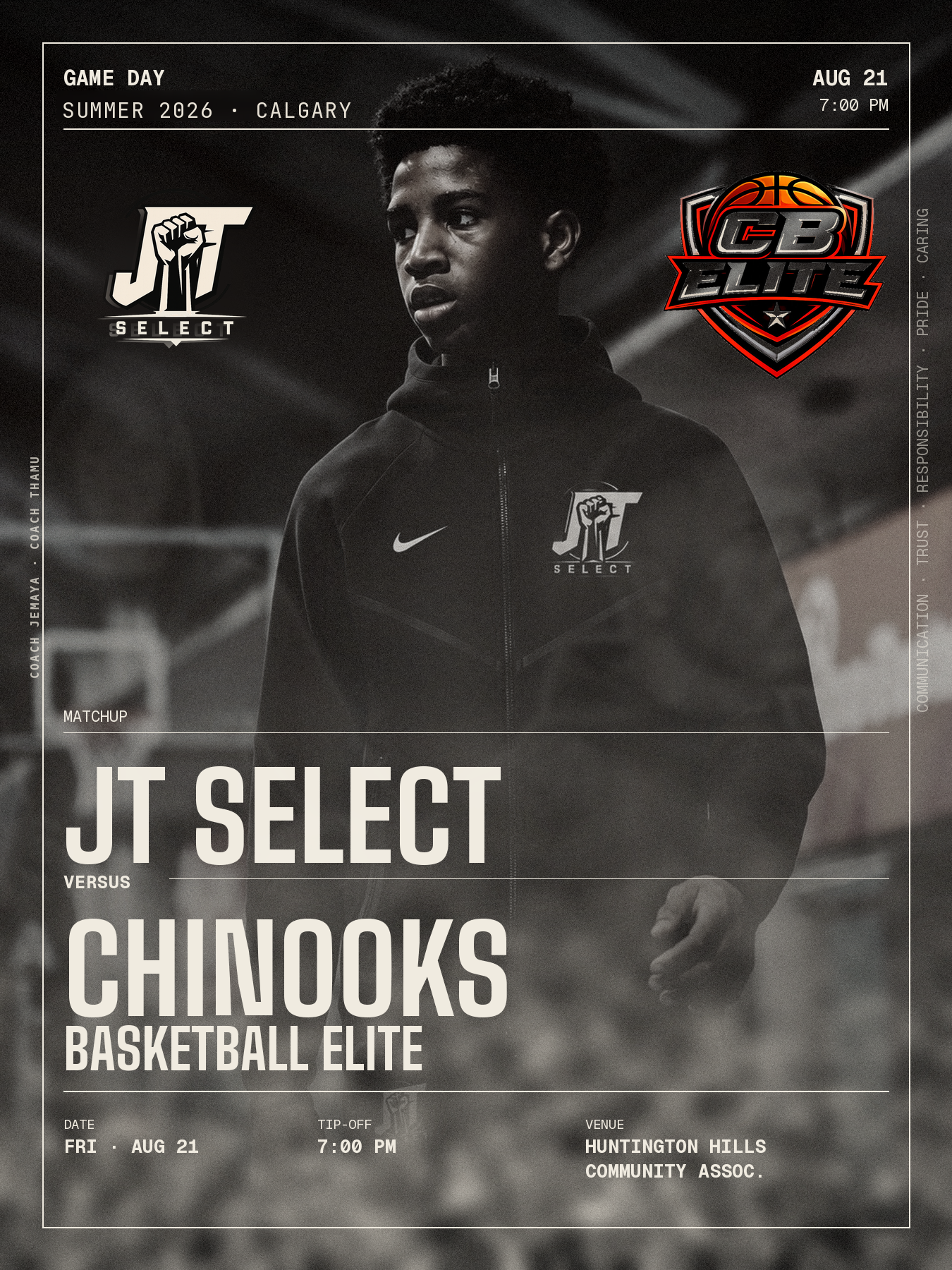 JT Select vs Chinooks Basketball Elite game day poster — Friday August 21, 7:00 PM at Huntington Hills Community Assoc.